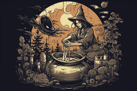 女巫满月中在大锅里酿造药水背景图片