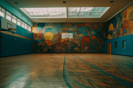 彩色的壁画画在社区中心篮球场的墙上高清图片