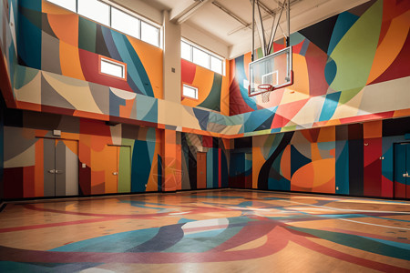 在社区中心篮球场墙上有好看的彩色壁画高清图片