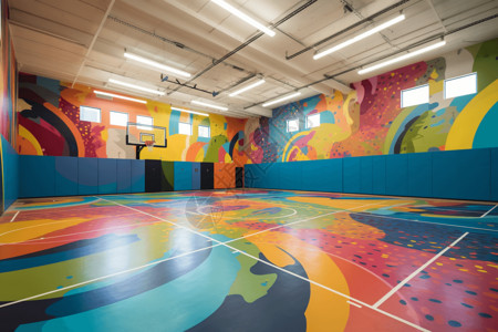 社区篮球场的墙壁上有彩色壁画背景