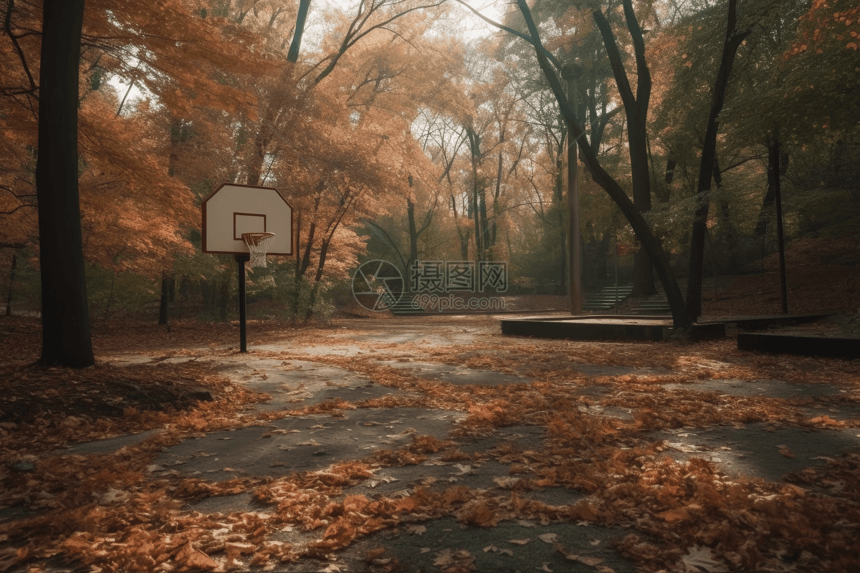 公园内篮球场地上一片片金黄的树叶图片
