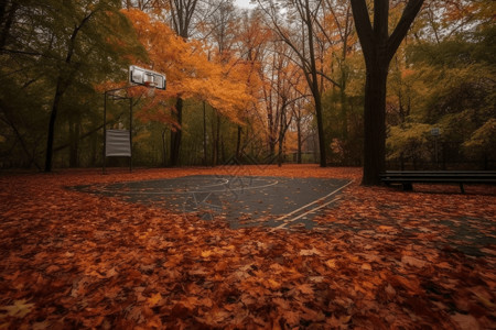 秋天里公园篮球场的树叶背景图片
