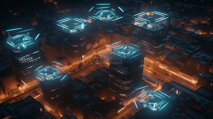 无人机在夜间将数据包运送到城市图片