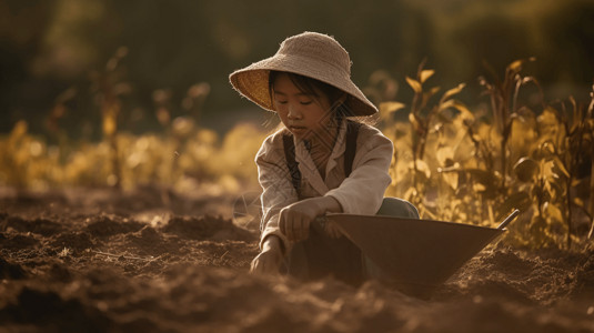 小女孩在田地里播种高清图片