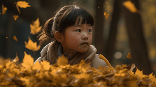 欣赏落叶小女孩欣赏秋天的落叶背景