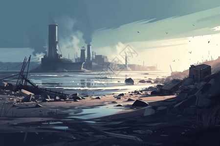 恶劣环境被污染的海滩全景插画
