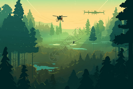 数据树无人机在森林中盘旋插画