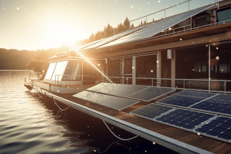 科技船船屋上的太阳能电池板背景