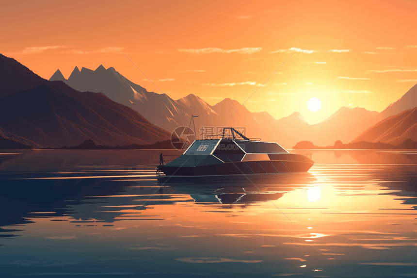 一艘太阳能船驶过一个宁静的湖泊图片