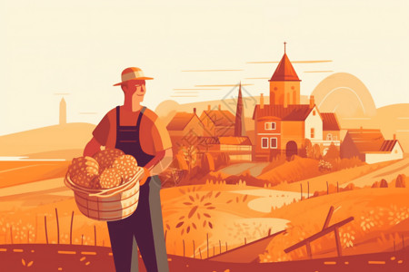农村经济农民拿着一篮子农作物插画