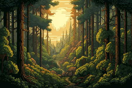 年度关键词阳光透过树木的像素艺术森林。关键词: 森林，高清插画