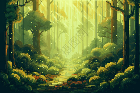 关键词堆砌阳光透过树木的像素艺术森林。关键词: 森林，高清插画