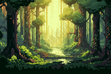 关键词堆砌阳光透过树木的像素艺术森林。关键词: 森林，高清插画