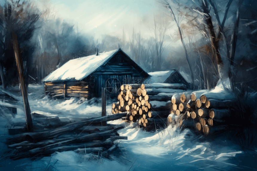 积雪覆盖的木屋图片