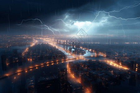 下雨的夜晚城市上空的乌云密布设计图片