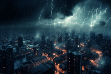 晚上下雨城市上空的闪电设计图片