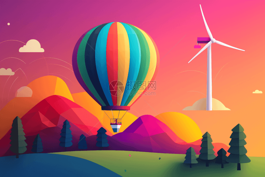 彩色插画风热气球风车图片