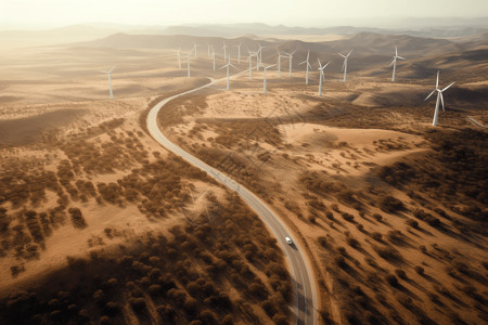 荒漠中公路荒漠中的风力发电场设计图片
