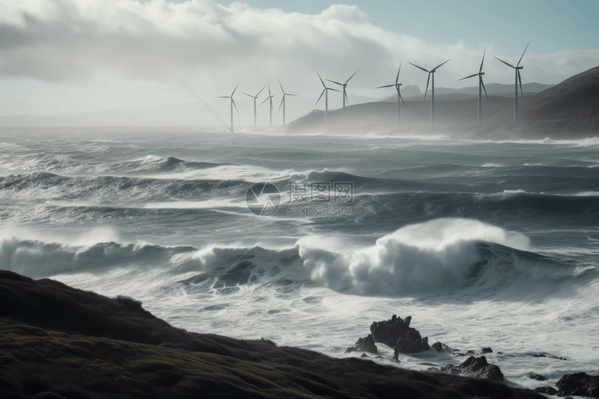 海岸线上的风车涡轮机图片