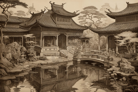 中国庭院的详细水墨画背景图片