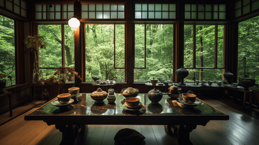 茶室餐厅挂画山间禅意优雅茶室场景设计图片