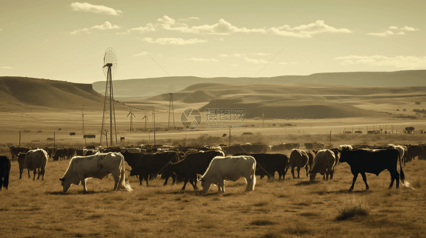 风力发电养牛场场景图片