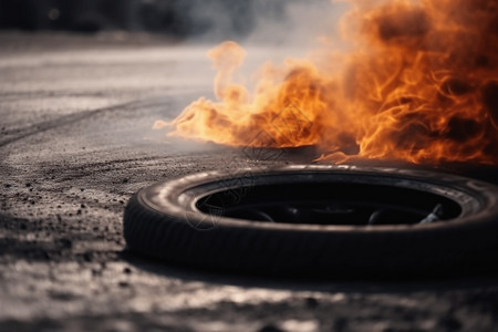 燃烧黑烟火焰路面上着火的轮胎背景
