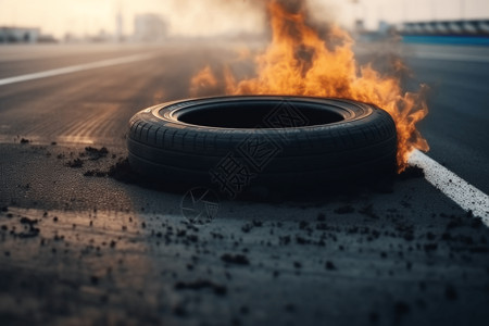 赛道上燃烧的汽车轮胎高清图片