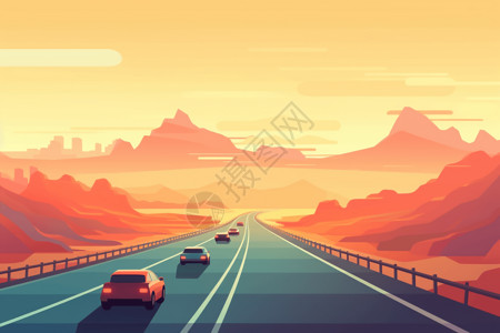 公路赛车背景为山脉的高速公路上插画