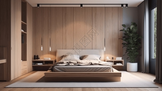现代原木风卧室设计图片