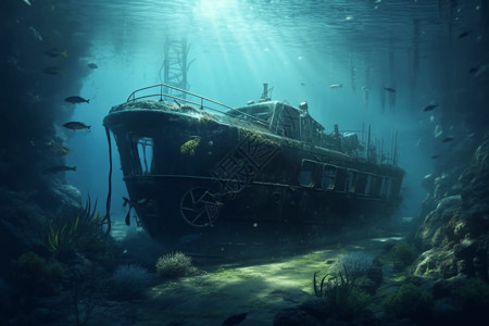 潜水船沉船旁的海洋生物设计图片