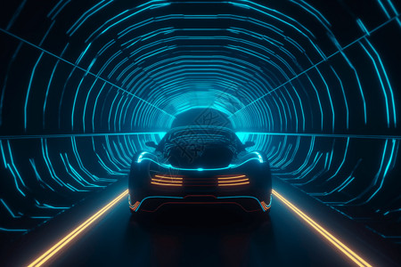 一辆未来派概念车在霓虹灯的隧道中飞驰高清图片