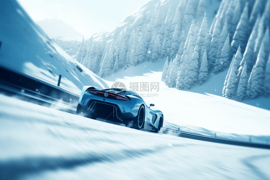 高速行驶在雪山上的跑车图片