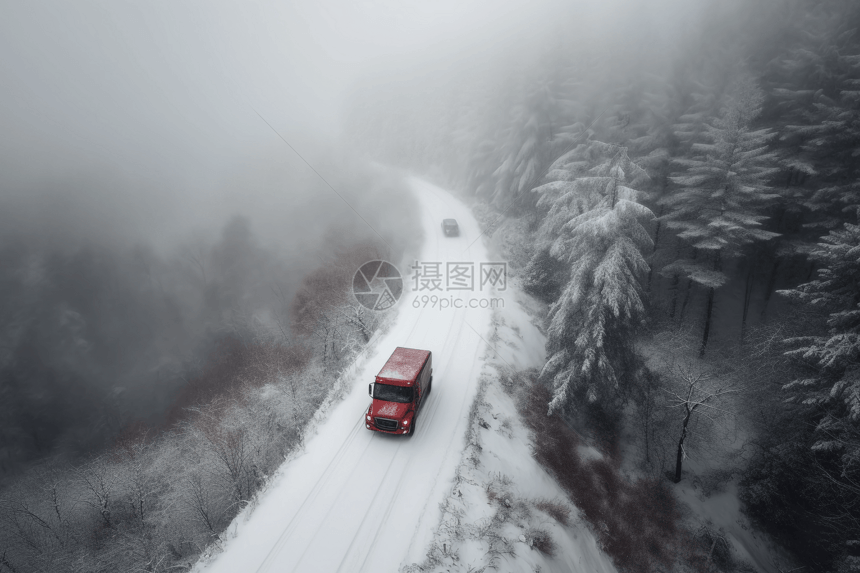 一辆红色卡车在山路上行驶图片
