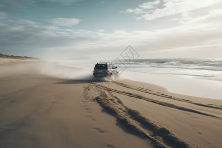 沙滩上行驶的汽车图片
