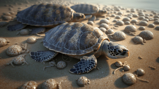 一群海龟在海滩上的照片高清图片