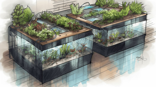 水循环系统室内水培药草园手绘插图插画