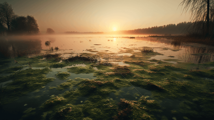 湖泊的日落镜头图片