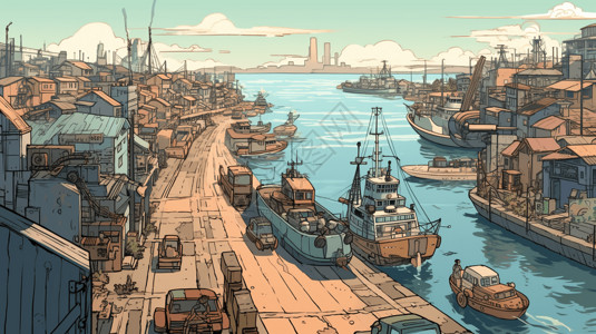 潮汐能源繁华的港口小镇3D插图插画