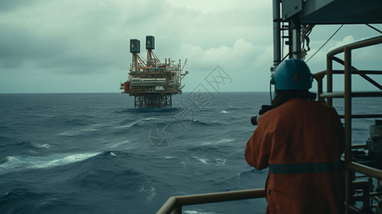 橙色夹克海上石油钻井场景设计图片