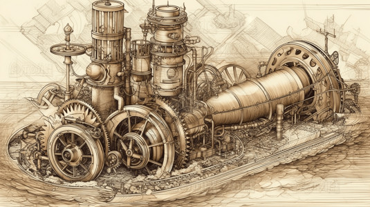 工业蒸汽潮汐流发生器的精致而复杂的图纸插画
