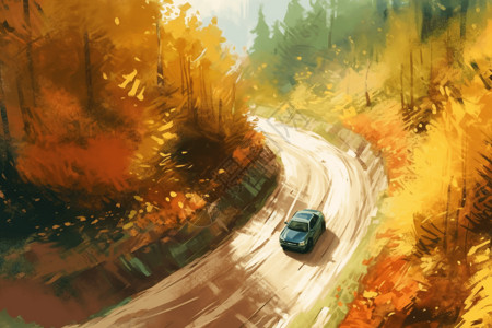 秋色公路林道里的轿车插画
