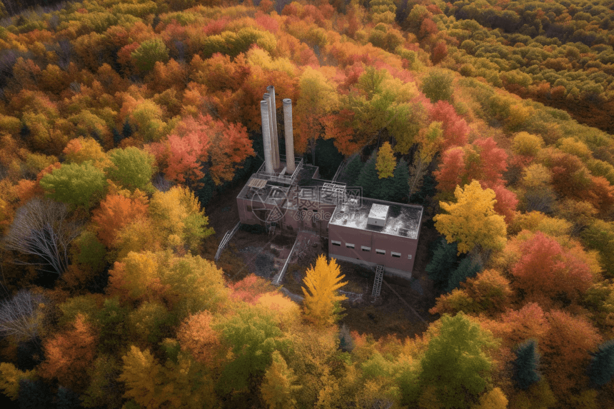 森林中的生物质发电厂鸟瞰图图片
