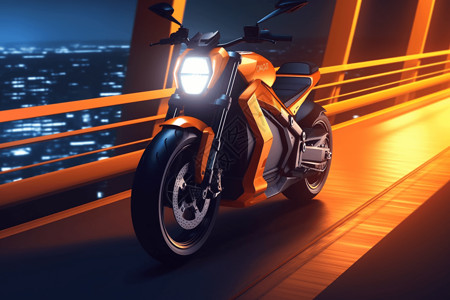 天桥夜景电动摩托车3D插图插画
