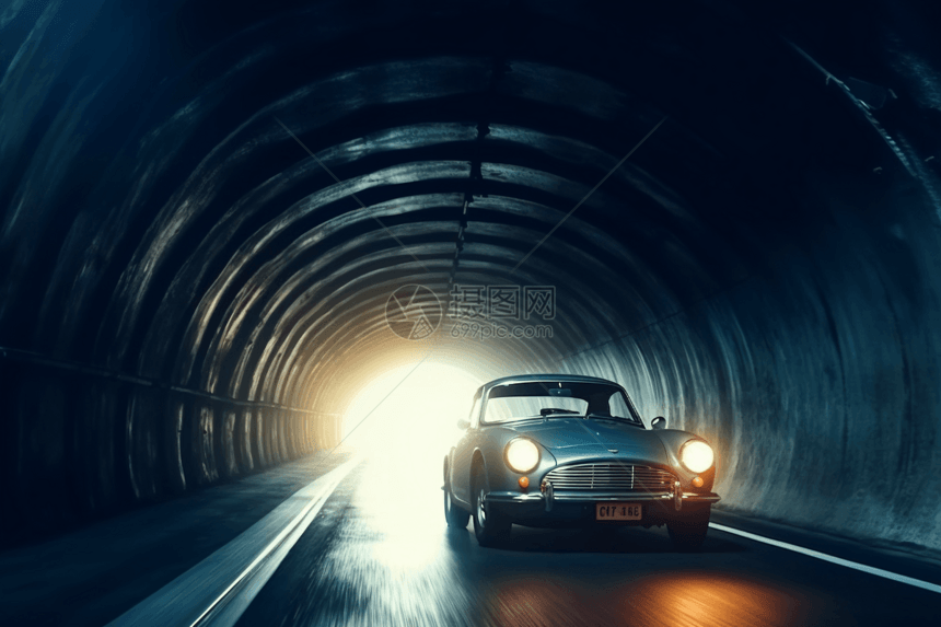 昏暗隧道里的汽车图片