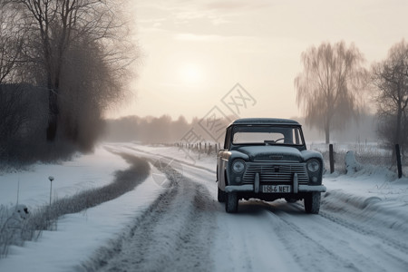 老式吉普车汽车在冰雪道路上背景