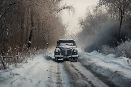 汽车在冰雪的乡村图片
