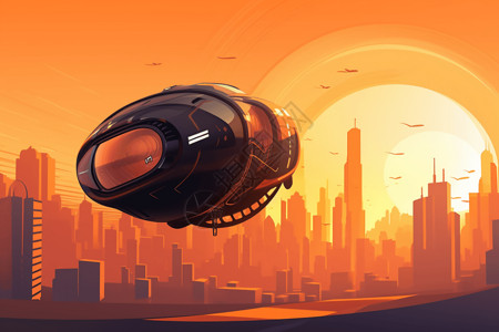 球形标志一辆未来赛车的球形透视图在日落时盘旋在城市天际线上方的空中。风格: 平面插图。没有标志插画