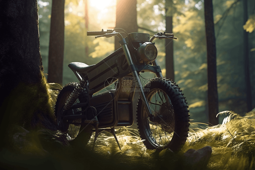 森林中电动摩托车特写图图片