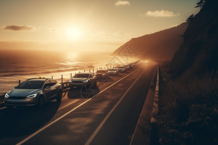 沿海公路上行驶的电动汽车图片背景图片